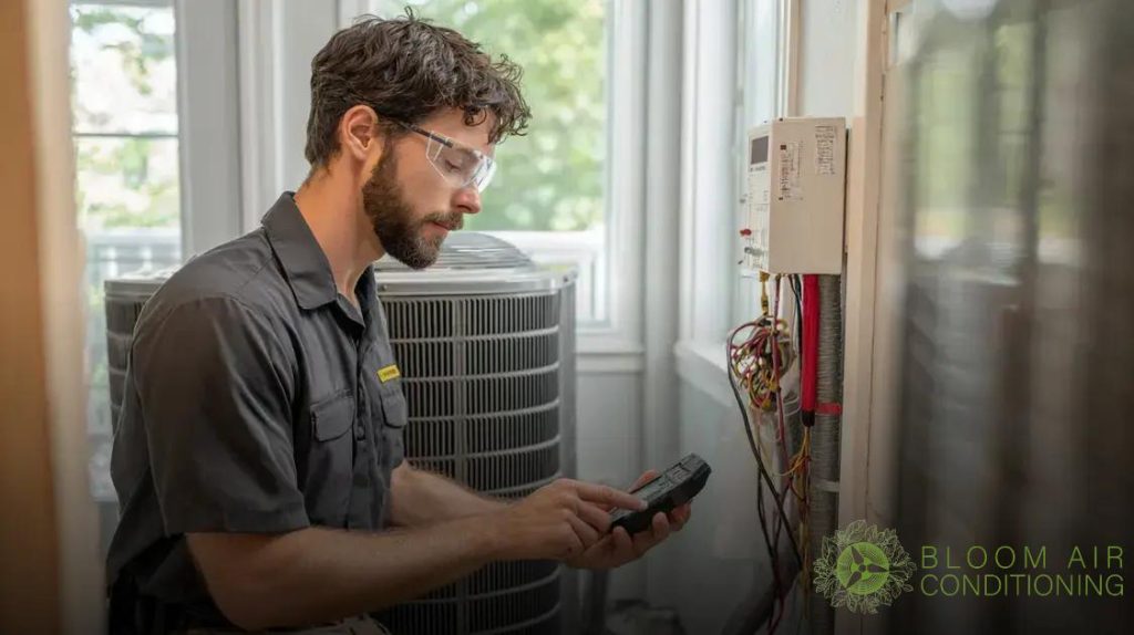 HVAC technician troubleshooting air conditioning system with digital multimeter in home setting, Bloom Air Conditioning branding visible.