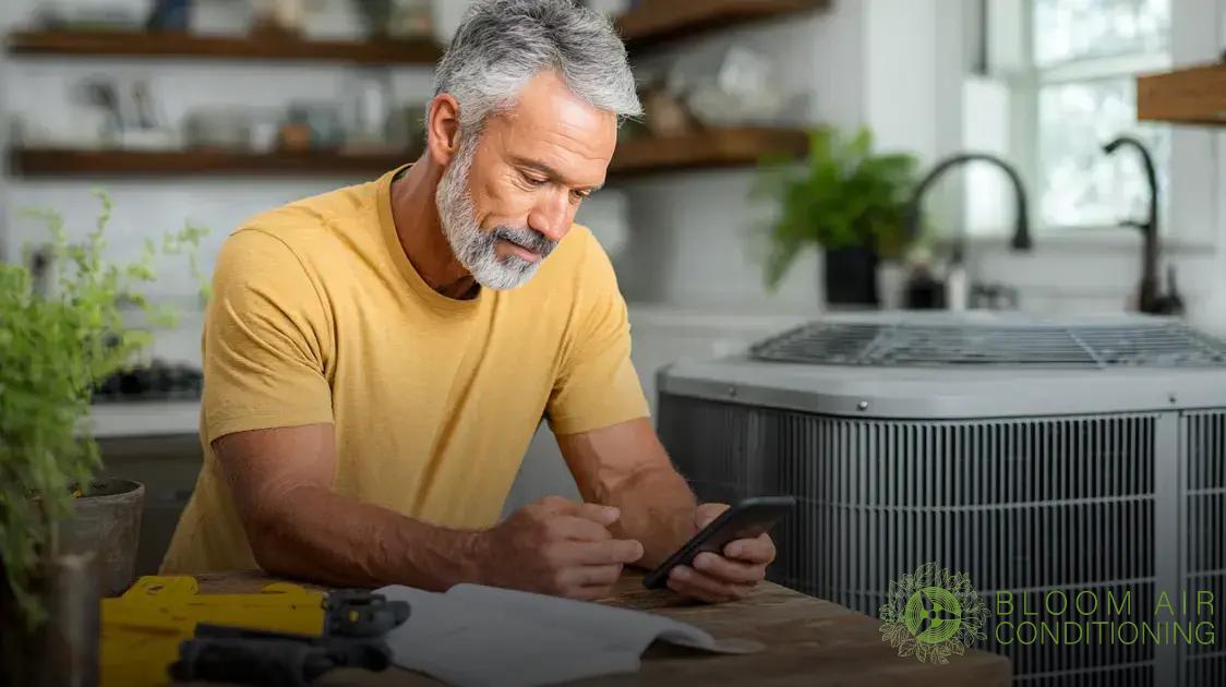 Man troubleshooting HVAC system using smartphone, surrounded by tools and air conditioning unit, emphasizing DIY HVAC maintenance and support from Bloom Air Conditioning.