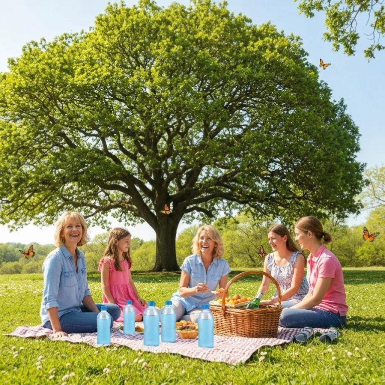 Group of women and girls enjoying a picnic under a large green tree, with a picnic blanket, food, and blue water bottles, surrounded by butterflies.