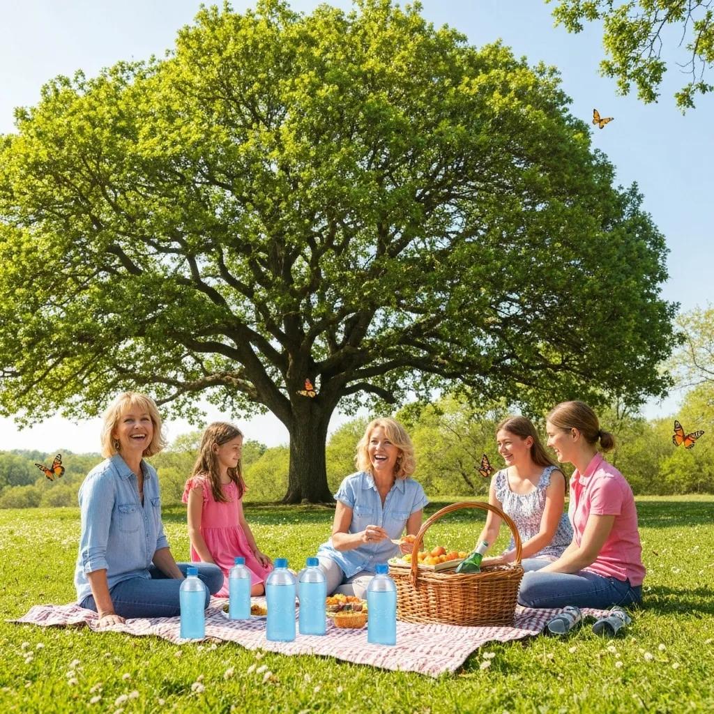 Family enjoying a safe and hydrated Labor Day picnic under shade