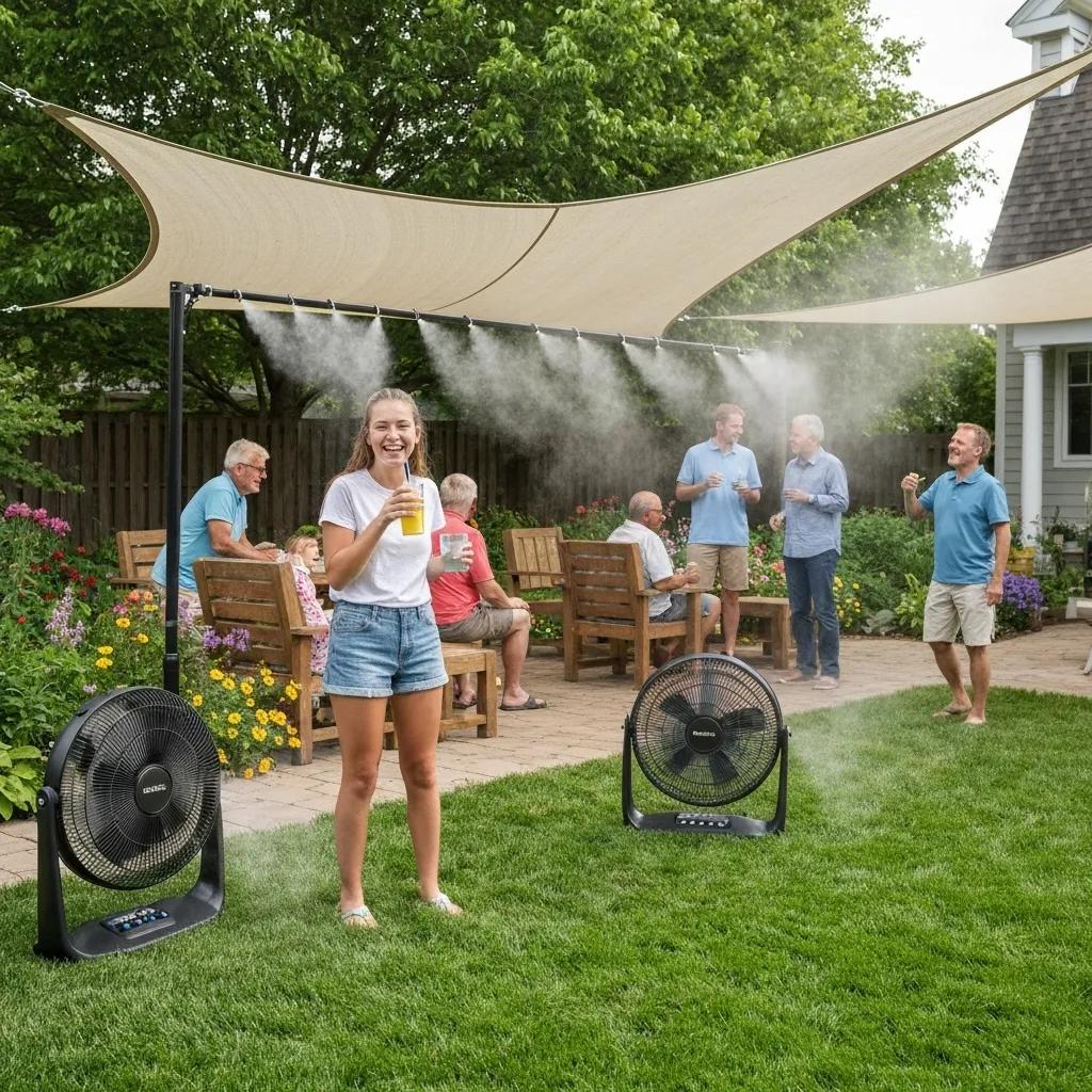 Outdoor cooling solutions for a Labor Day gathering with fans and misting systems